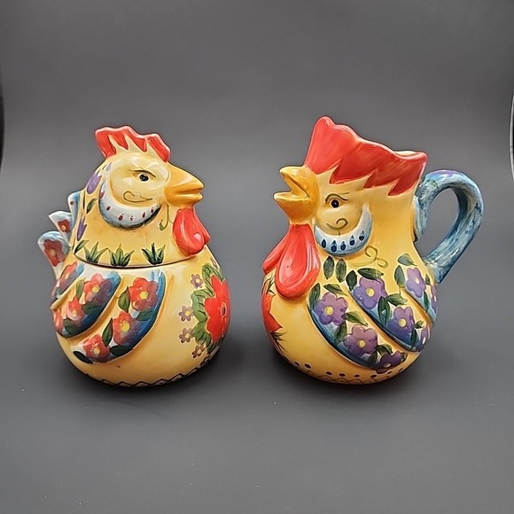Fontana Dario Farrucci Collection Set Hen Sugar Bowl Rooster Creamer Pitcher - Picture 1 of 8